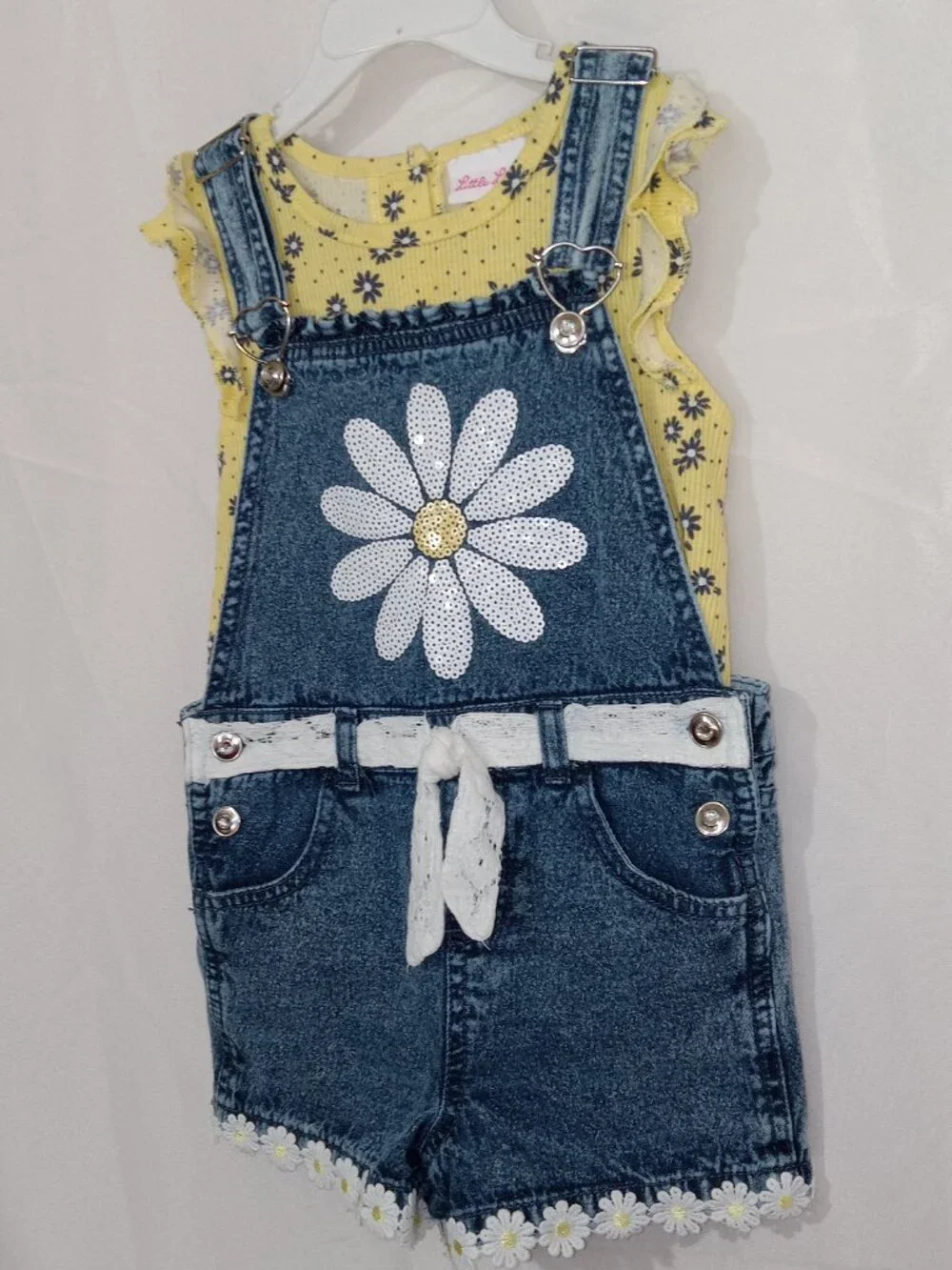 Little Lass Girls Daisy Denim Overall Shorts Set Yellow Top Size 6 - Picture 2 of 12